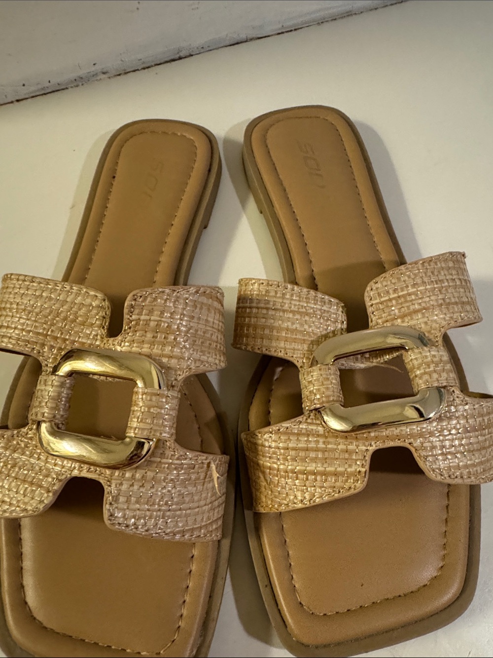 Soda Beige Woven Slide Sandals with Gold Buckle Detail - Picture 4 of 5